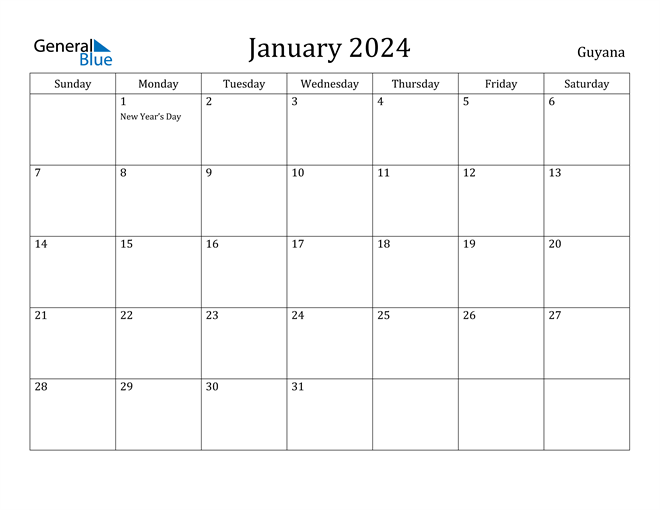 January 2024 Calendar with Guyana Holidays