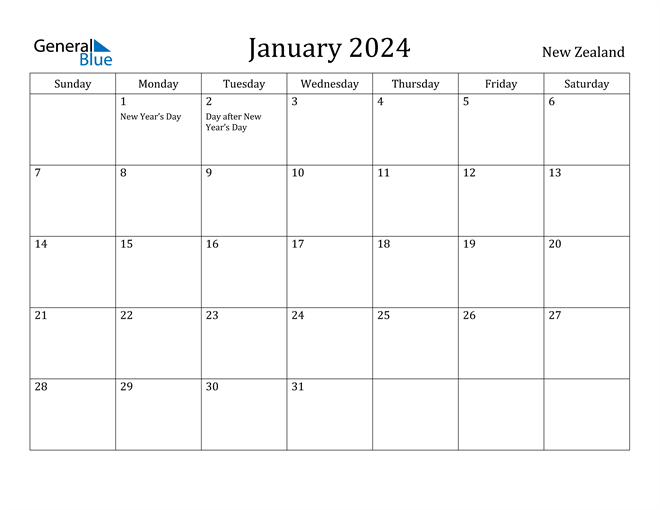 New Zealand January 2024 Calendar with Holidays