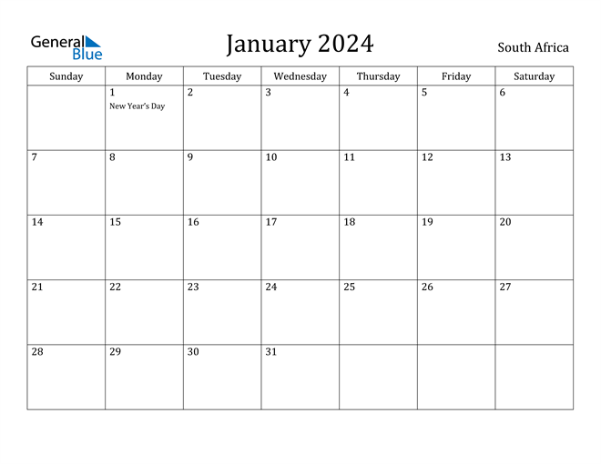 South Africa January 2024 Calendar with Holidays