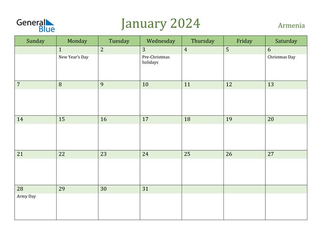 January 2024 Calendar with Armenia Holidays