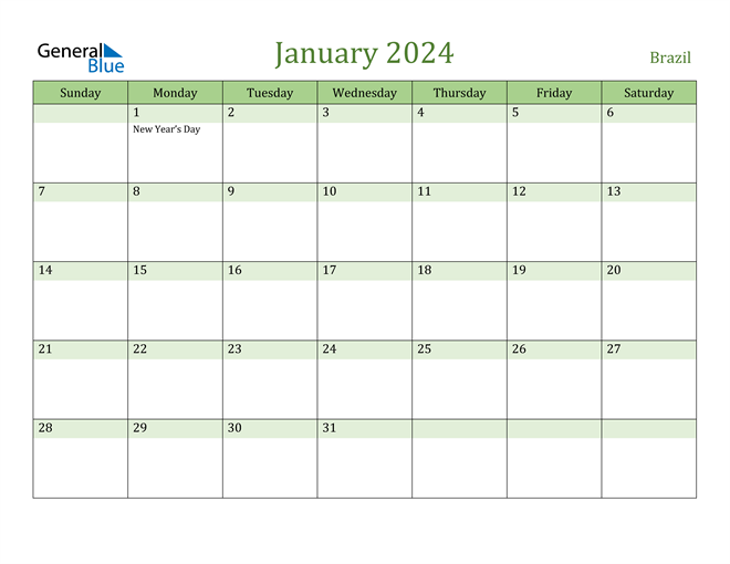 January 2024 Calendar with Brazil Holidays