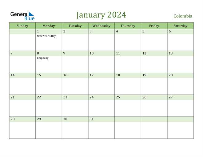 January 2024 Calendar with Colombia Holidays