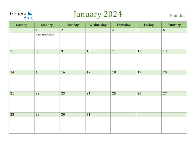 January 2024 Calendar with Namibia Holidays