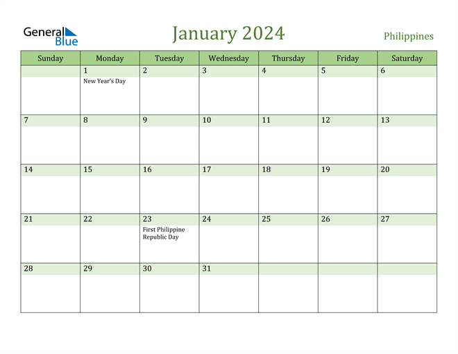 Philippines January 2024 Calendar with Holidays