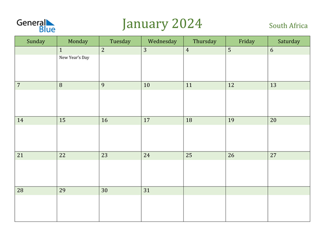 January 2024 Calendar with South Africa Holidays