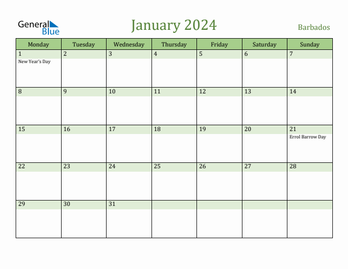 Fillable Holiday Calendar for Barbados January 2024