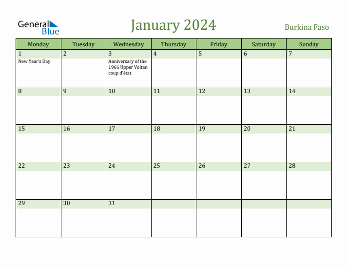 January 2024 Calendar with Burkina Faso Holidays