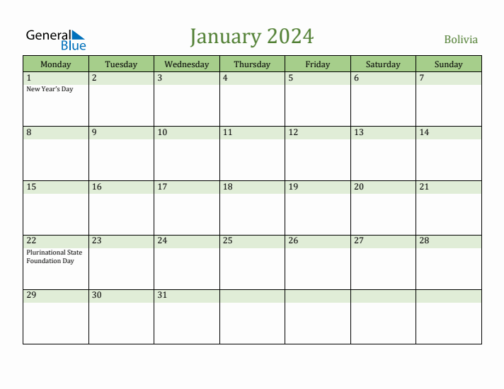 January 2024 Calendar with Bolivia Holidays
