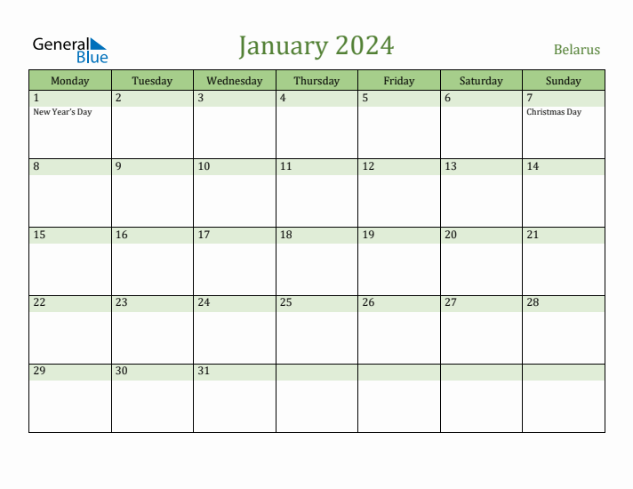 January 2024 Calendar with Belarus Holidays