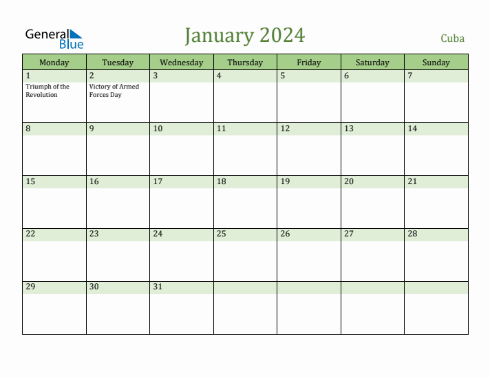 January 2024 Calendar with Cuba Holidays