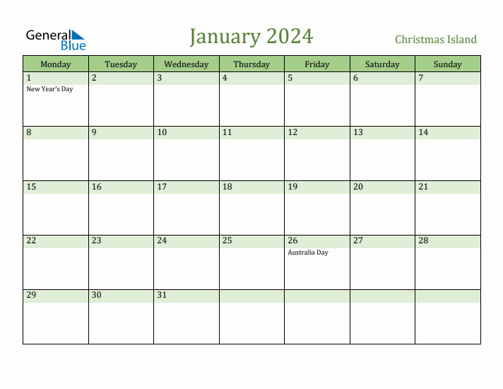 January 2024 Calendar with Christmas Island Holidays