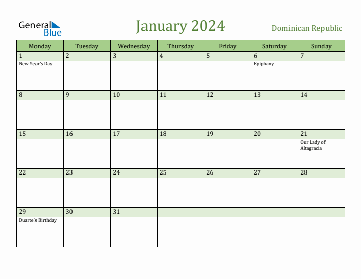 January 2024 Calendar with Dominican Republic Holidays
