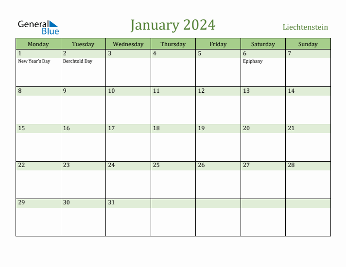 January 2024 Calendar with Liechtenstein Holidays