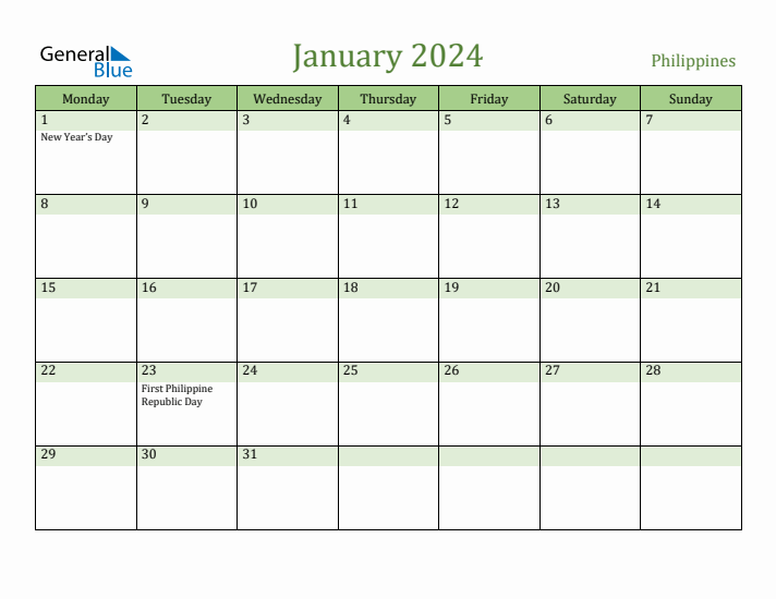 Fillable Holiday Calendar for Philippines January 2024
