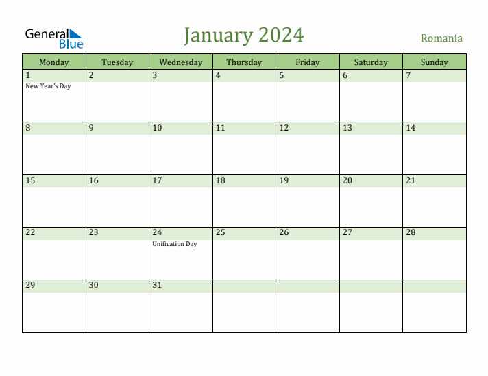 January 2024 Calendar with Romania Holidays