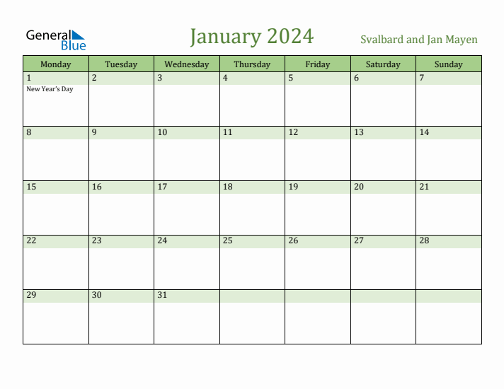 January 2024 Calendar with Svalbard and Jan Mayen Holidays