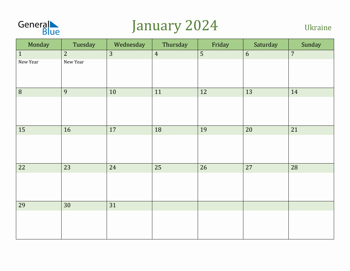 Fillable Holiday Calendar for Ukraine January 2024