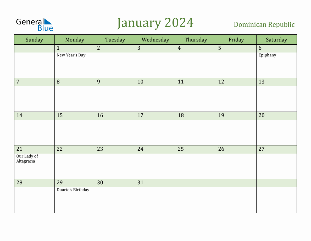 Fillable Holiday Calendar for Dominican Republic January 2024