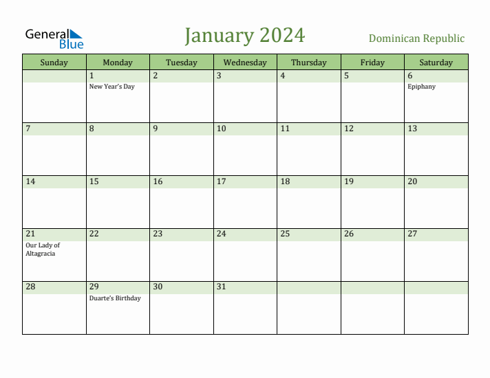 January 2024 Calendar with Dominican Republic Holidays