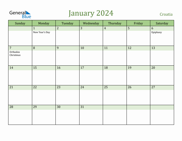January 2024 Calendar with Croatia Holidays