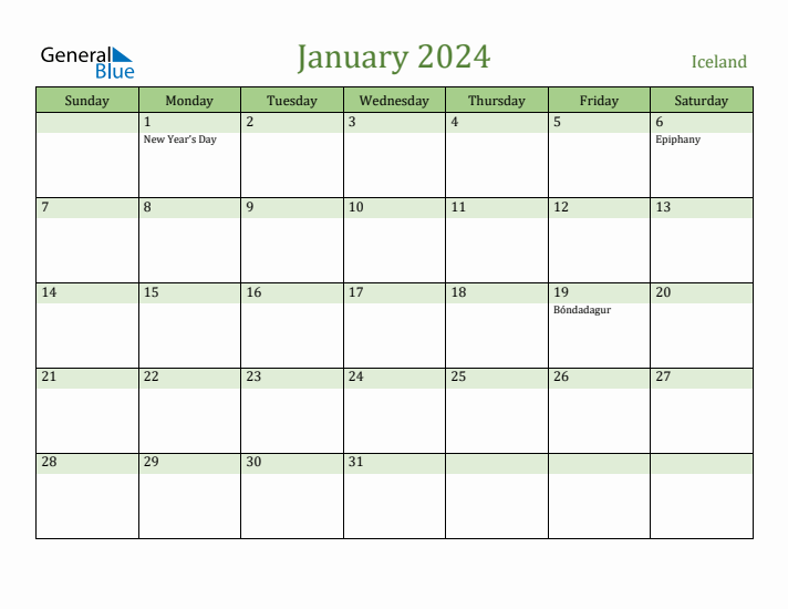 January 2024 Calendar with Iceland Holidays