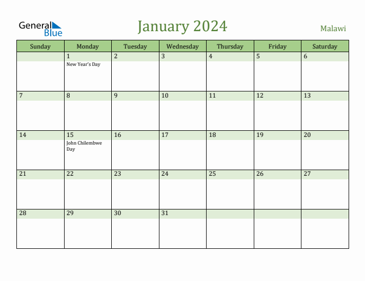 January 2024 Calendar with Malawi Holidays