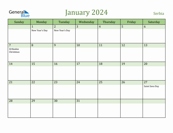 January 2024 Calendar with Serbia Holidays