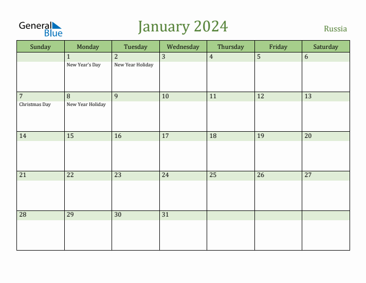 January 2024 Calendar with Russia Holidays