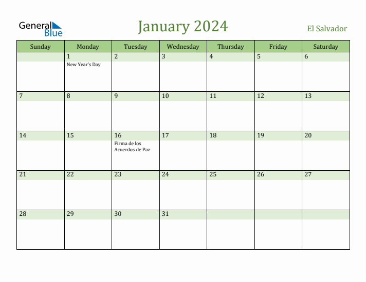 January 2024 Calendar with El Salvador Holidays