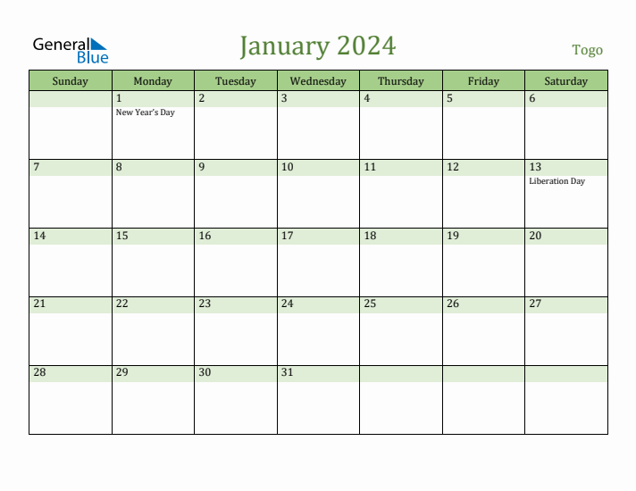 January 2024 Calendar with Togo Holidays