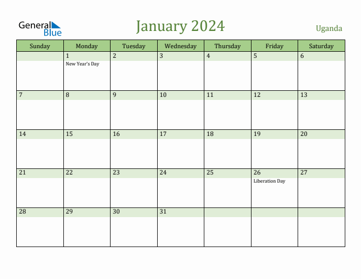 January 2024 Calendar with Uganda Holidays