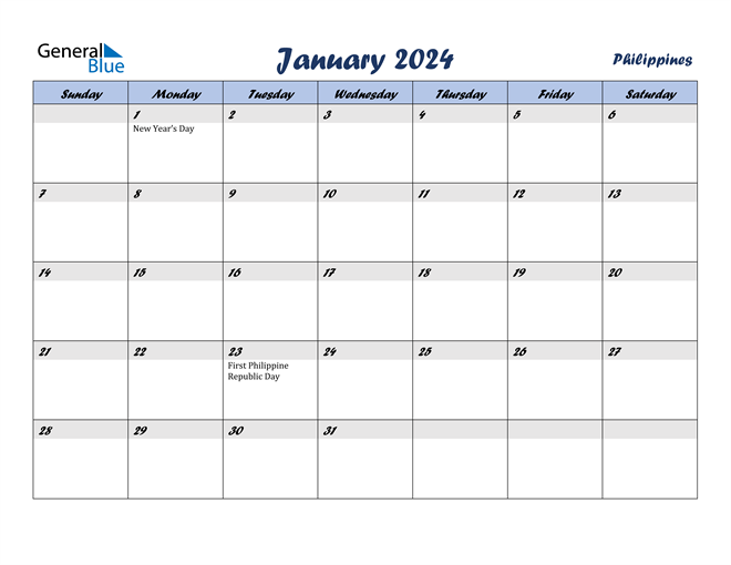 Philippines January 2024 Calendar with Holidays