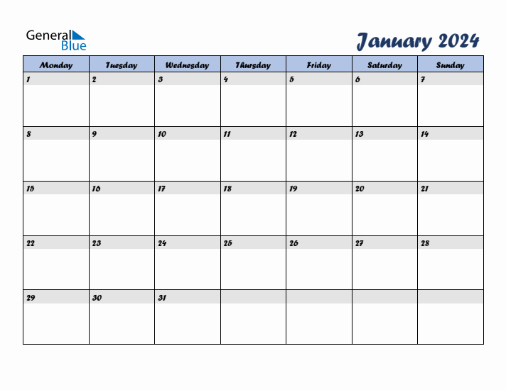 January 2024 Blue Calendar (Monday Start)