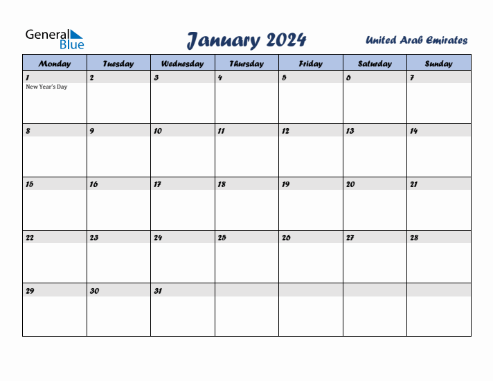 January 2024 Calendar with Holidays in United Arab Emirates