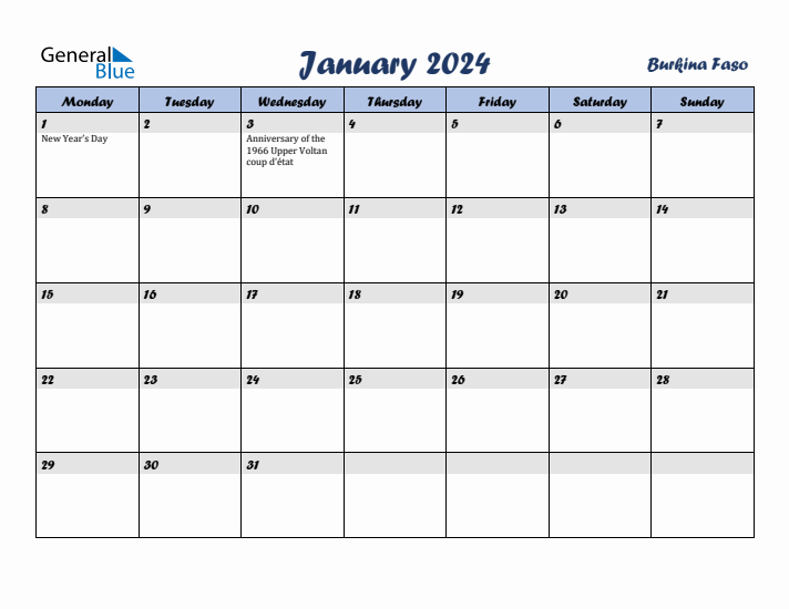 January 2024 Calendar with Holidays in Burkina Faso