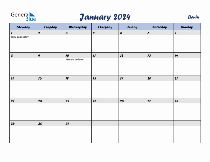 January 2024 Calendar with Holidays in Benin