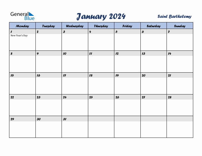 January 2024 Calendar with Holidays in Saint Barthelemy