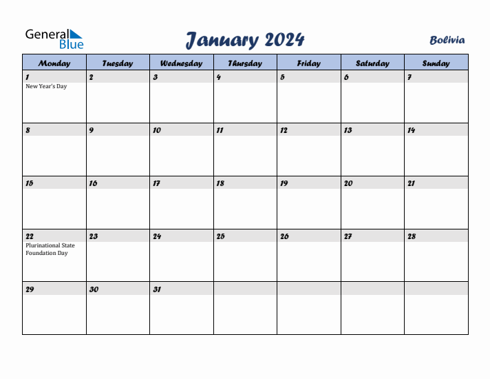 January 2024 Calendar with Holidays in Bolivia