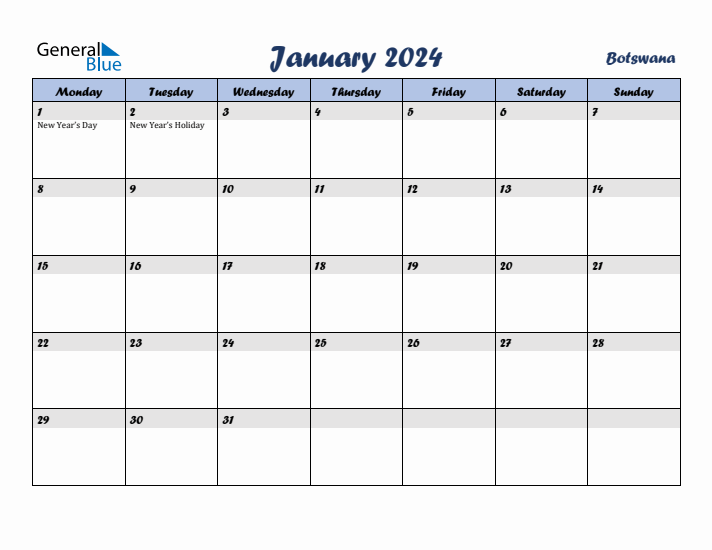 January 2024 Calendar with Holidays in Botswana