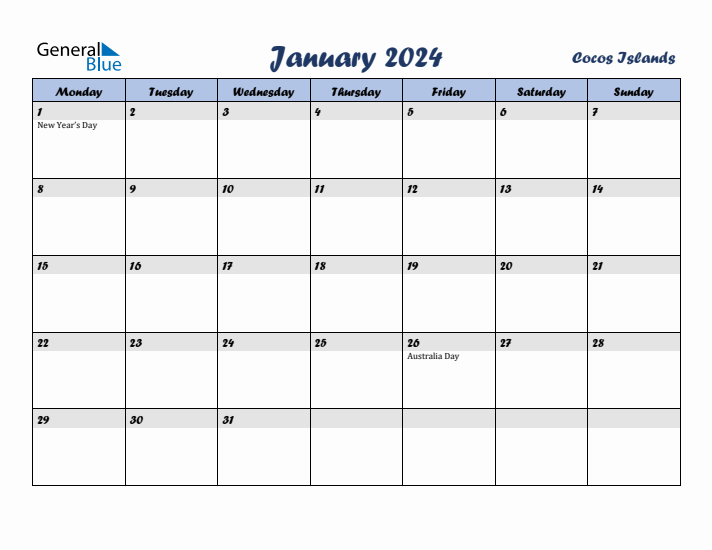 January 2024 Calendar with Holidays in Cocos Islands