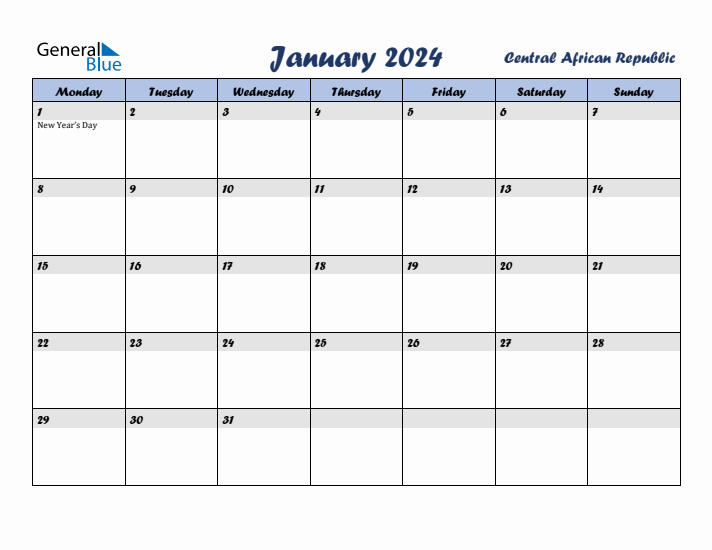 January 2024 Calendar with Holidays in Central African Republic