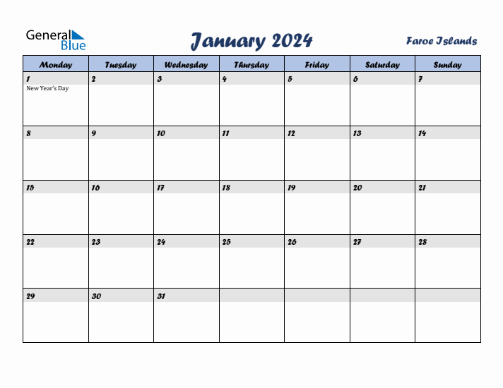 January 2024 Calendar with Holidays in Faroe Islands