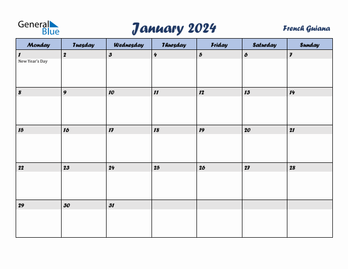 January 2024 Calendar with Holidays in French Guiana