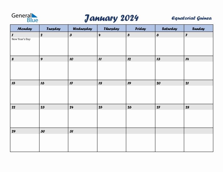 January 2024 Calendar with Holidays in Equatorial Guinea
