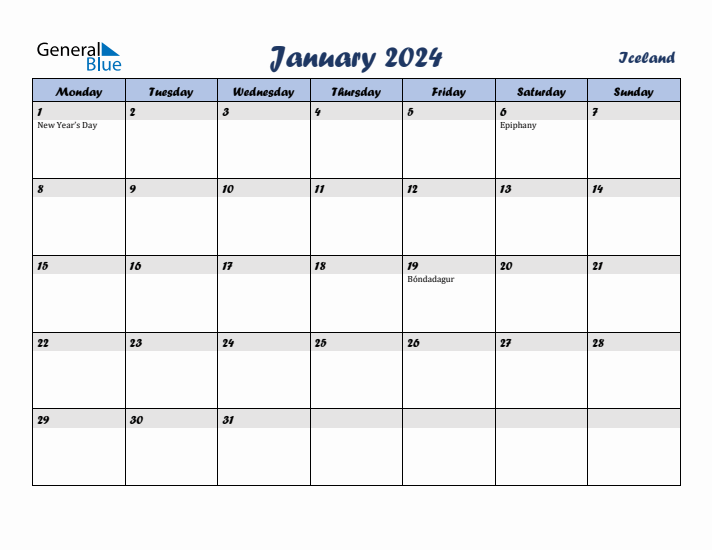 January 2024 Calendar with Holidays in Iceland