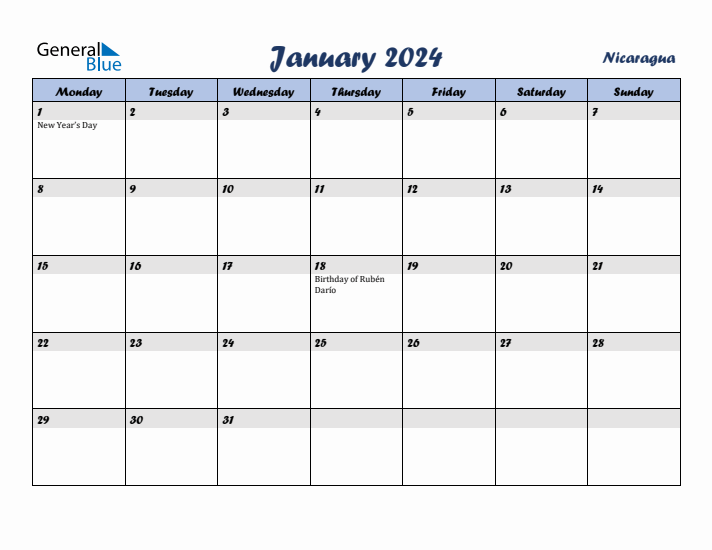 January 2024 Calendar with Holidays in Nicaragua