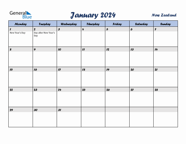 January 2024 Calendar with Holidays in New Zealand