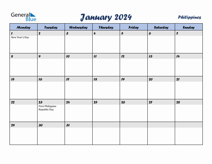 January 2024 Monthly Calendar Template with Holidays for Philippines