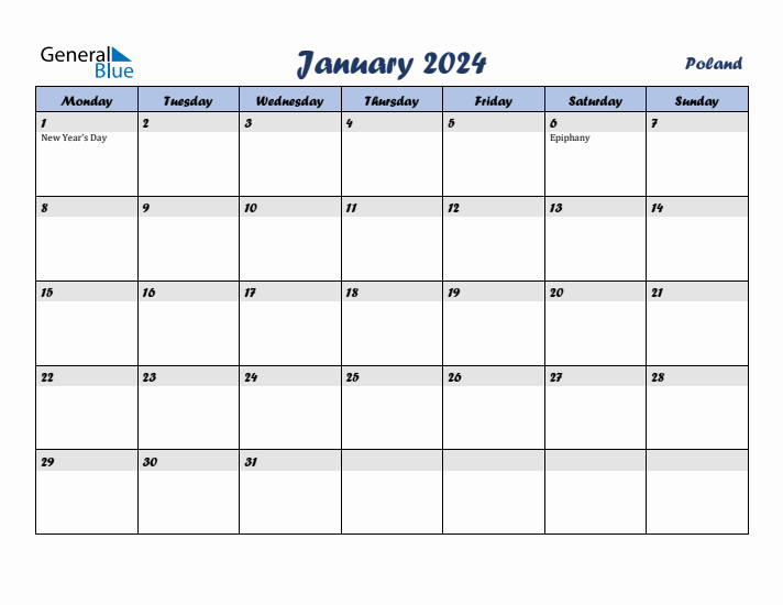 January 2024 Calendar with Holidays in Poland