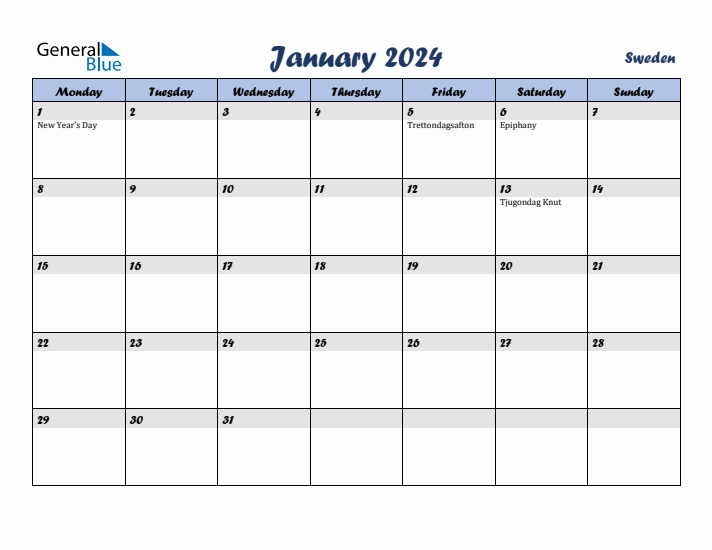 January 2024 Calendar with Holidays in Sweden